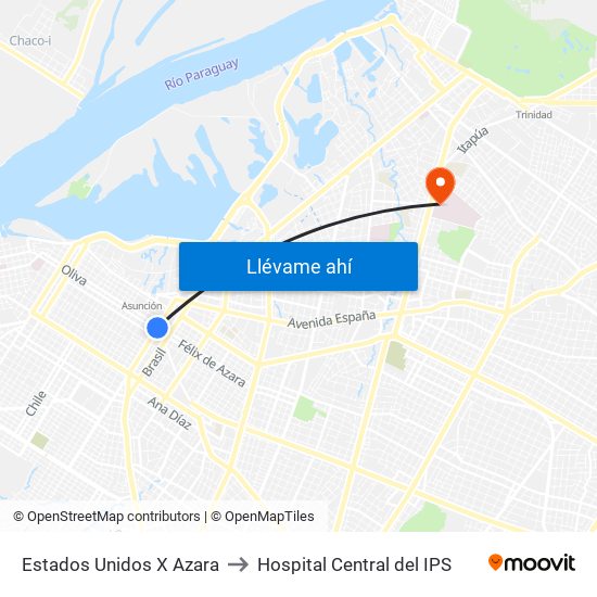 Estados Unidos X Azara to Hospital Central del IPS map