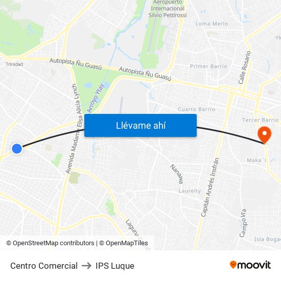 Centro Comercial to IPS Luque map