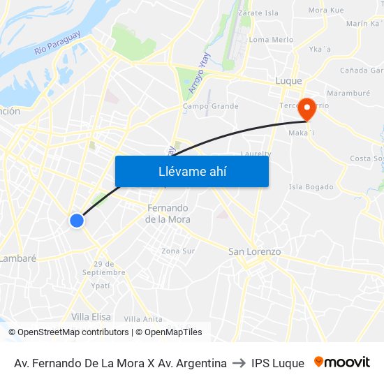Av. Fernando De La Mora X Av. Argentina to IPS Luque map