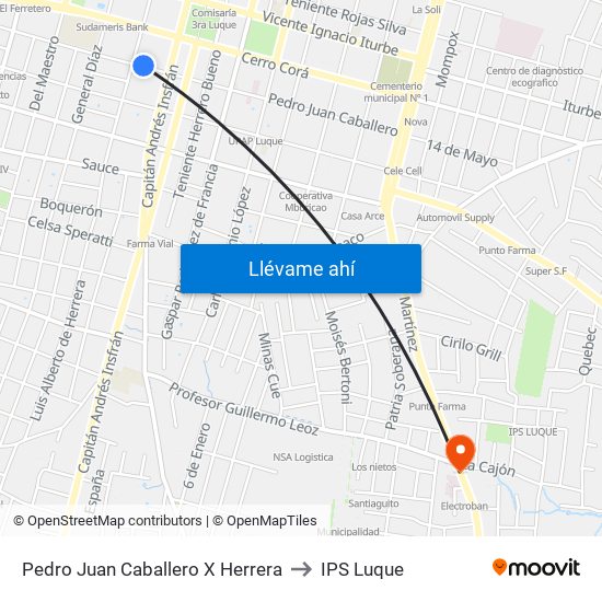 Pedro Juan Caballero X Herrera to IPS Luque map