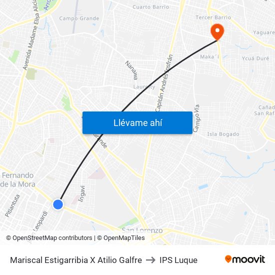 Mariscal Estigarribia X Atilio Galfre to IPS Luque map