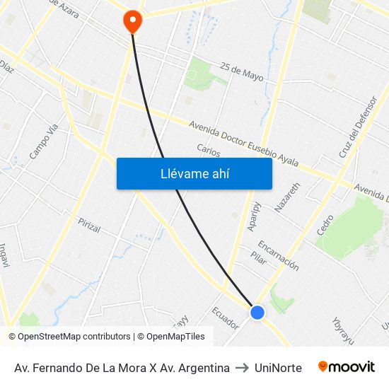 Av. Fernando De La Mora X Av. Argentina to UniNorte map