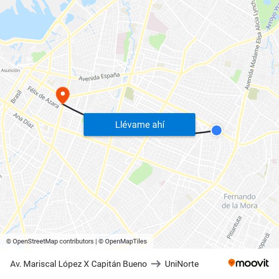 Av. Mariscal López X Capitán Bueno to UniNorte map