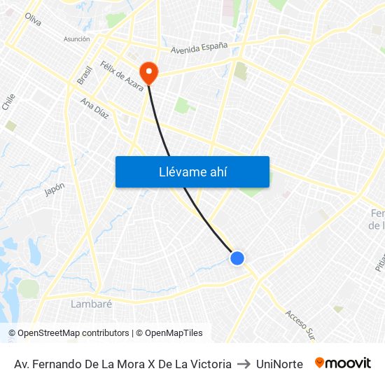 Av. Fernando De La Mora X De La Victoria to UniNorte map