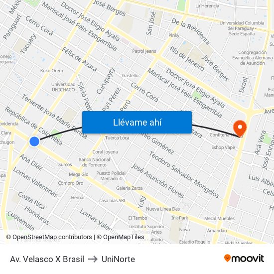 Av. Velasco X Brasil to UniNorte map