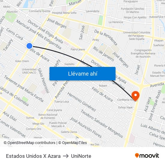 Estados Unidos X Azara to UniNorte map