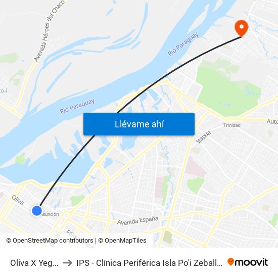 Oliva X Yegros to IPS - Clínica Periférica Isla Po'i Zeballos Cué map