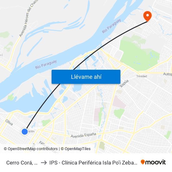 Cerro Corá, 452 to IPS - Clínica Periférica Isla Po'i Zeballos Cué map