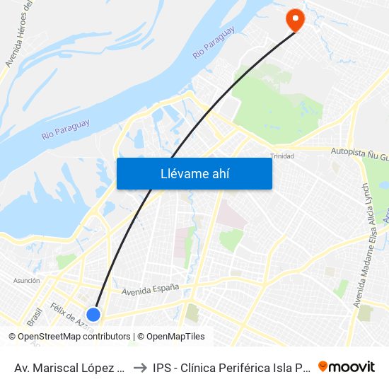 Av. Mariscal López X Melgarejo to IPS - Clínica Periférica Isla Po'i Zeballos Cué map