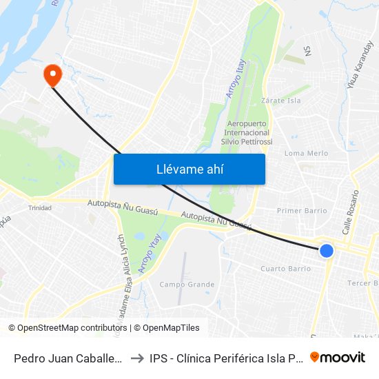Pedro Juan Caballero X Herrera to IPS - Clínica Periférica Isla Po'i Zeballos Cué map