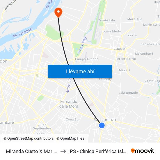 Miranda Cueto X Mariscal Estigarribia to IPS - Clínica Periférica Isla Po'i Zeballos Cué map