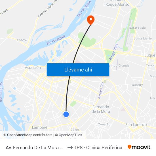 Av. Fernando De La Mora X Universitarios Del Chaco to IPS - Clínica Periférica Isla Po'i Zeballos Cué map