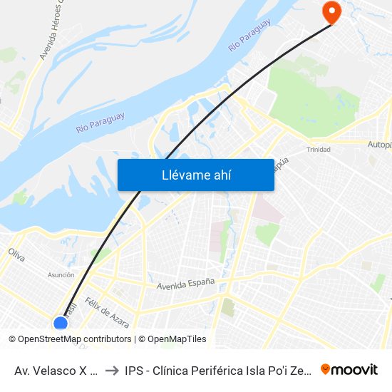 Av. Velasco X Brasil to IPS - Clínica Periférica Isla Po'i Zeballos Cué map