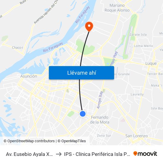 Av. Eusebio Ayala X Félix Lopéz to IPS - Clínica Periférica Isla Po'i Zeballos Cué map