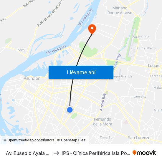 Av. Eusebio Ayala X Nazareth to IPS - Clínica Periférica Isla Po'i Zeballos Cué map