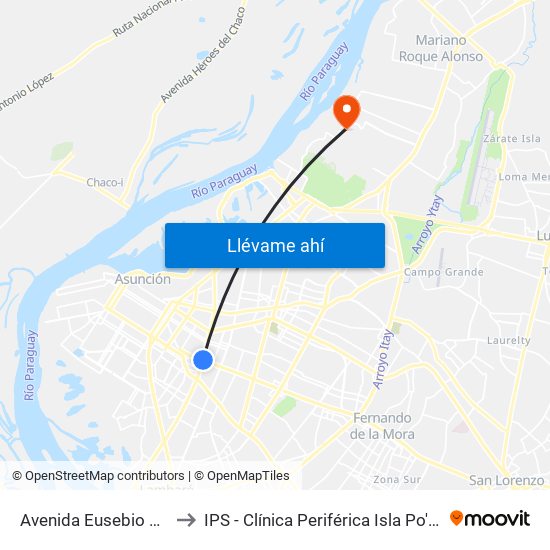 Avenida Eusebio Ayala, 995 to IPS - Clínica Periférica Isla Po'i Zeballos Cué map