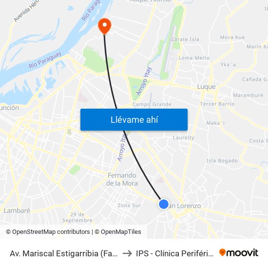 Av. Mariscal Estigarribia (Facultad De Ciencias Económicas) to IPS - Clínica Periférica Isla Po'i Zeballos Cué map