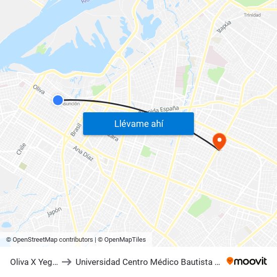 Oliva X Yegros to Universidad Centro Médico Bautista - UCMB map