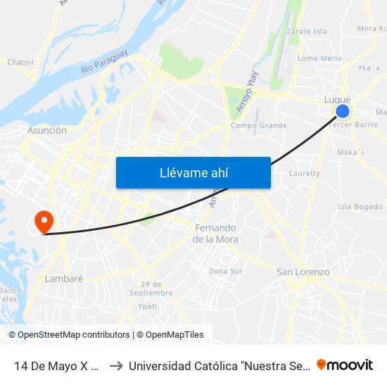 14 De Mayo X Balderrama to Universidad Católica "Nuestra Señora de la Asunción" map