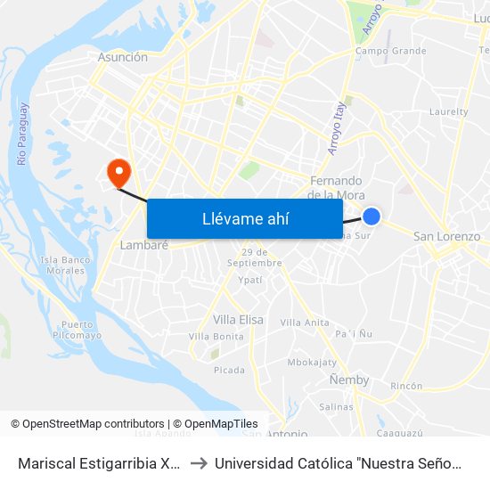 Mariscal Estigarribia X Atilio Galfre to Universidad Católica "Nuestra Señora de la Asunción" map