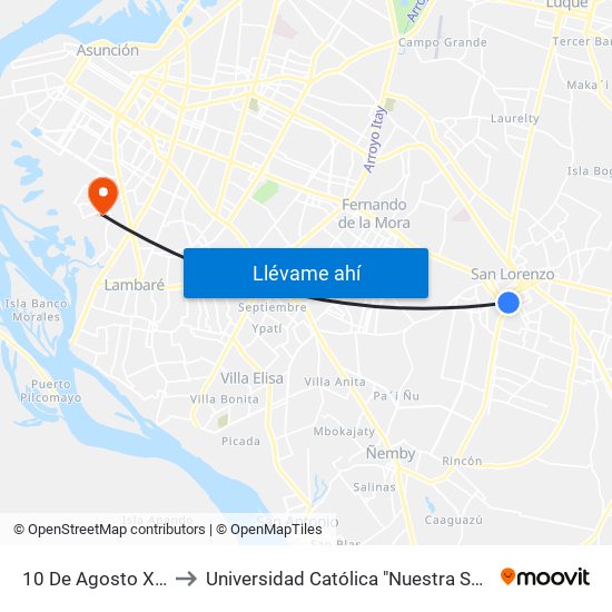 10 De Agosto X Sgto. Silva to Universidad Católica "Nuestra Señora de la Asunción" map