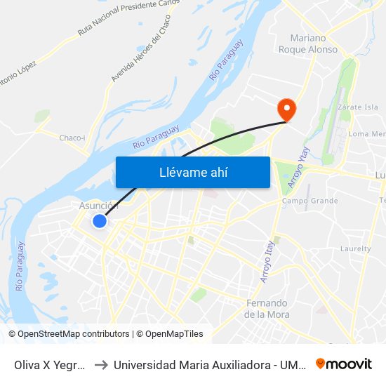 Oliva X Yegros to Universidad Maria Auxiliadora - UMAX map