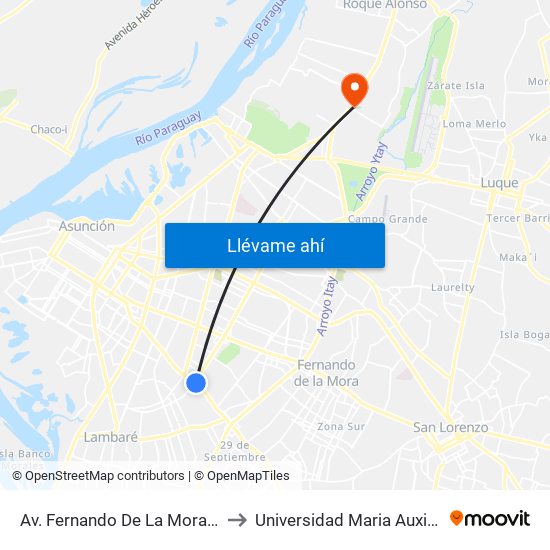 Av. Fernando De La Mora X Av. Argentina to Universidad Maria Auxiliadora - UMAX map