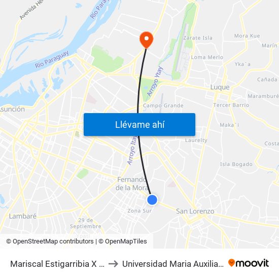 Mariscal Estigarribia X Atilio Galfre to Universidad Maria Auxiliadora - UMAX map