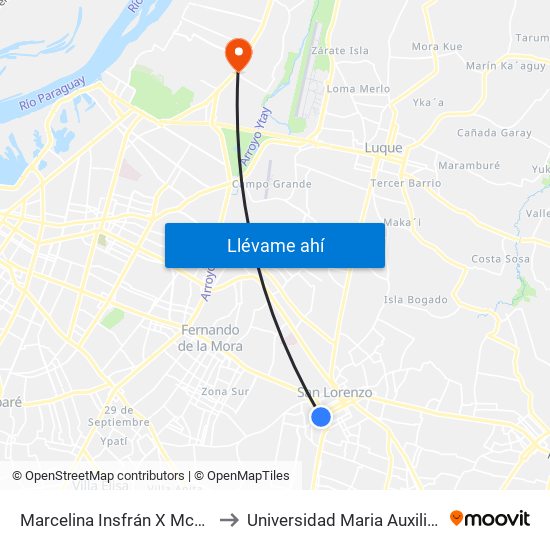 Marcelina Insfrán X Mcal. Estigarribia to Universidad Maria Auxiliadora - UMAX map