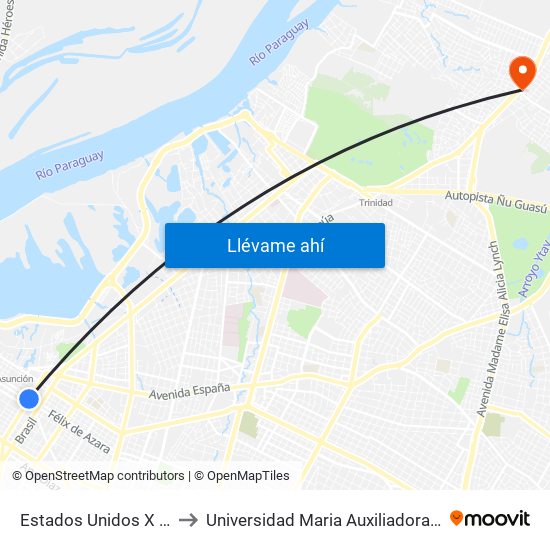 Estados Unidos X Azara to Universidad Maria Auxiliadora - UMAX map