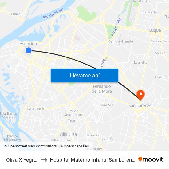 Oliva X Yegros to Hospital Materno Infantil San Lorenzo map