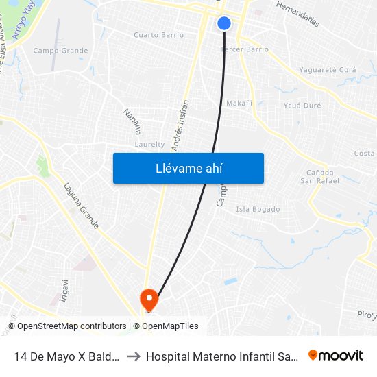 14 De Mayo X Balderrama to Hospital Materno Infantil San Lorenzo map