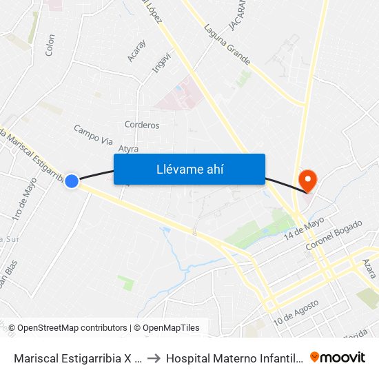 Mariscal Estigarribia X Atilio Galfre to Hospital Materno Infantil San Lorenzo map