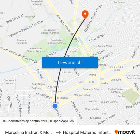 Marcelina Insfrán X Mcal. Estigarribia to Hospital Materno Infantil San Lorenzo map