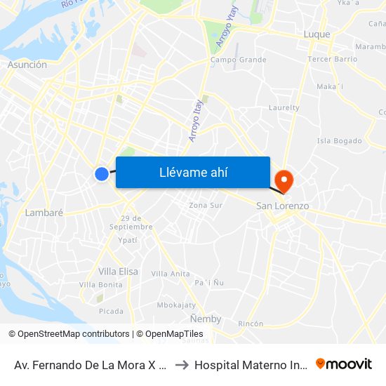Av. Fernando De La Mora X Av. República Argentina to Hospital Materno Infantil San Lorenzo map