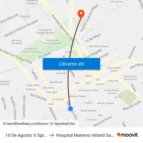 10 De Agosto X Sgto. Silva to Hospital Materno Infantil San Lorenzo map