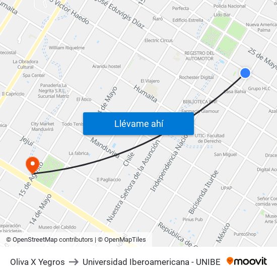 Oliva X Yegros to Universidad Iberoamericana - UNIBE map