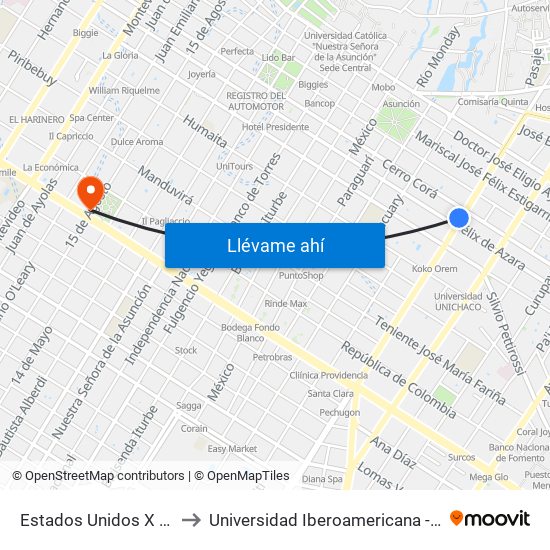 Estados Unidos X Azara to Universidad Iberoamericana - UNIBE map