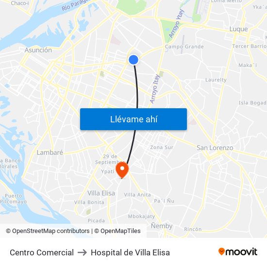 Centro Comercial to Hospital de Villa Elisa map
