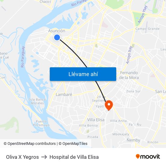 Oliva X Yegros to Hospital de Villa Elisa map