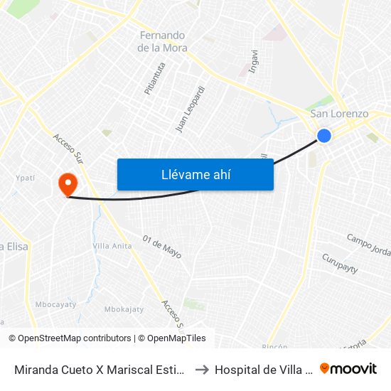 Miranda Cueto X Mariscal Estigarribia to Hospital de Villa Elisa map