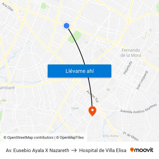 Av. Eusebio Ayala X Nazareth to Hospital de Villa Elisa map
