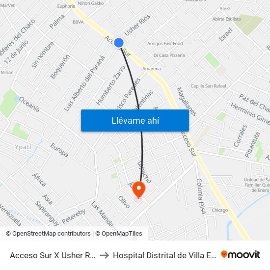 Acceso Sur X Usher Ríos to Hospital Distrital de Villa Elisa map