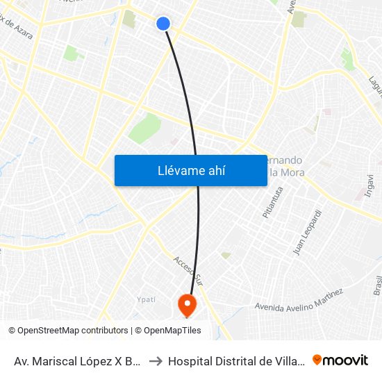 Av. Mariscal López X Bulnes to Hospital Distrital de Villa Elisa map