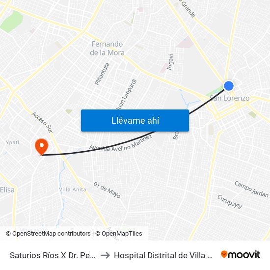 Saturios Ríos X Dr. Pellón to Hospital Distrital de Villa Elisa map