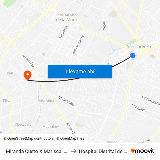 Miranda Cueto X Mariscal Estigarribia to Hospital Distrital de Villa Elisa map