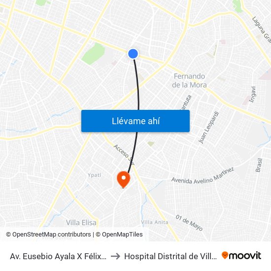 Av. Eusebio Ayala X Félix Lopéz to Hospital Distrital de Villa Elisa map