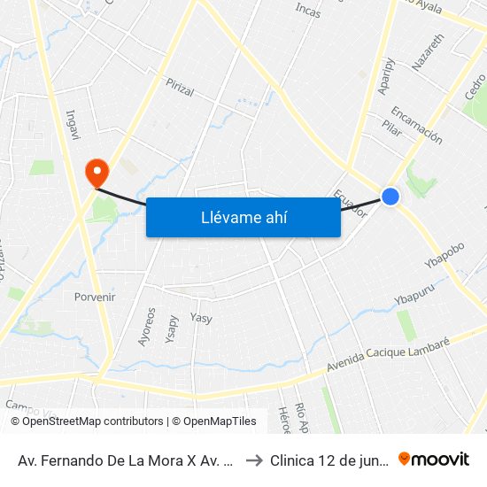 Av. Fernando De La Mora X Av. Argentina to Clinica 12 de junio IPS map