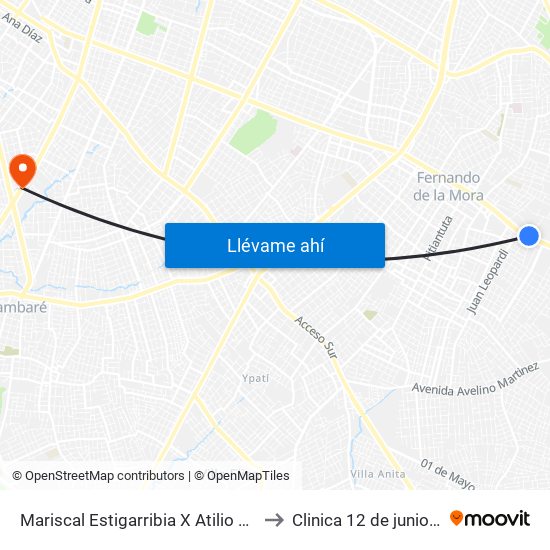 Mariscal Estigarribia X Atilio Galfre to Clinica 12 de junio IPS map