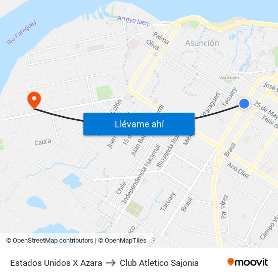 Estados Unidos X Azara to Club Atletico Sajonia map